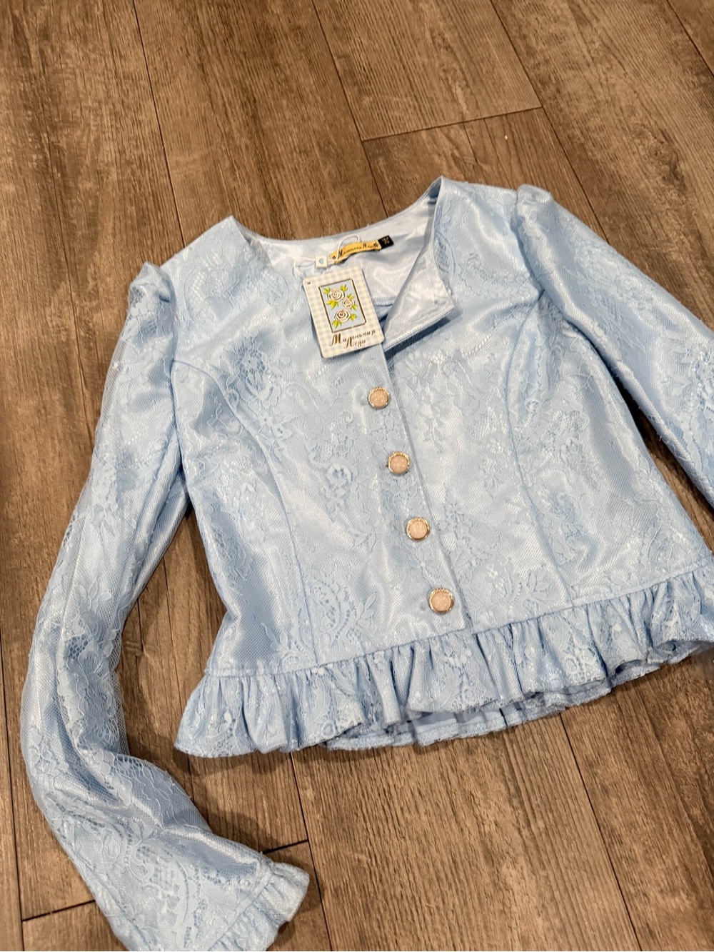 Light Blue Lace Ruffle Hem Button Jacket - Picture 4 of 12